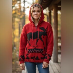 Earth Ragz 100% Wool Knit Hoodie – Moose Graphic – Handmade in Ecuador (Size S)
